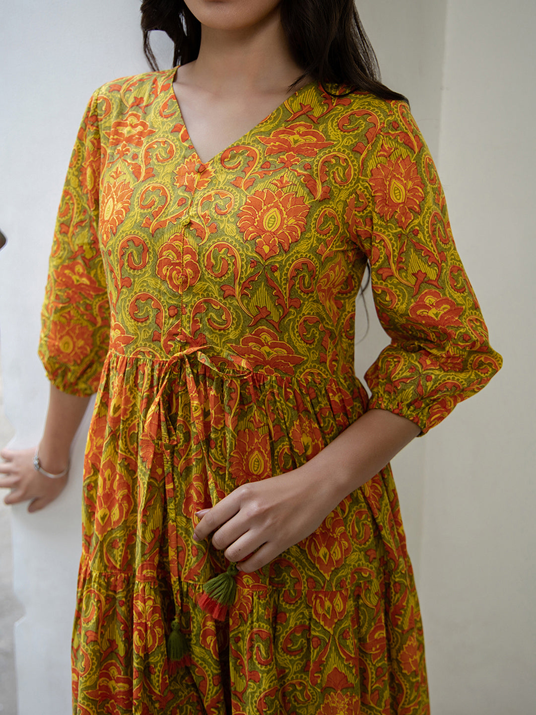 Janasya Green Cotton Printed Tiered Dress | Grocsy
