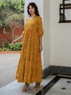 Janasya Green Cotton Printed Tiered Dress | Grocsy