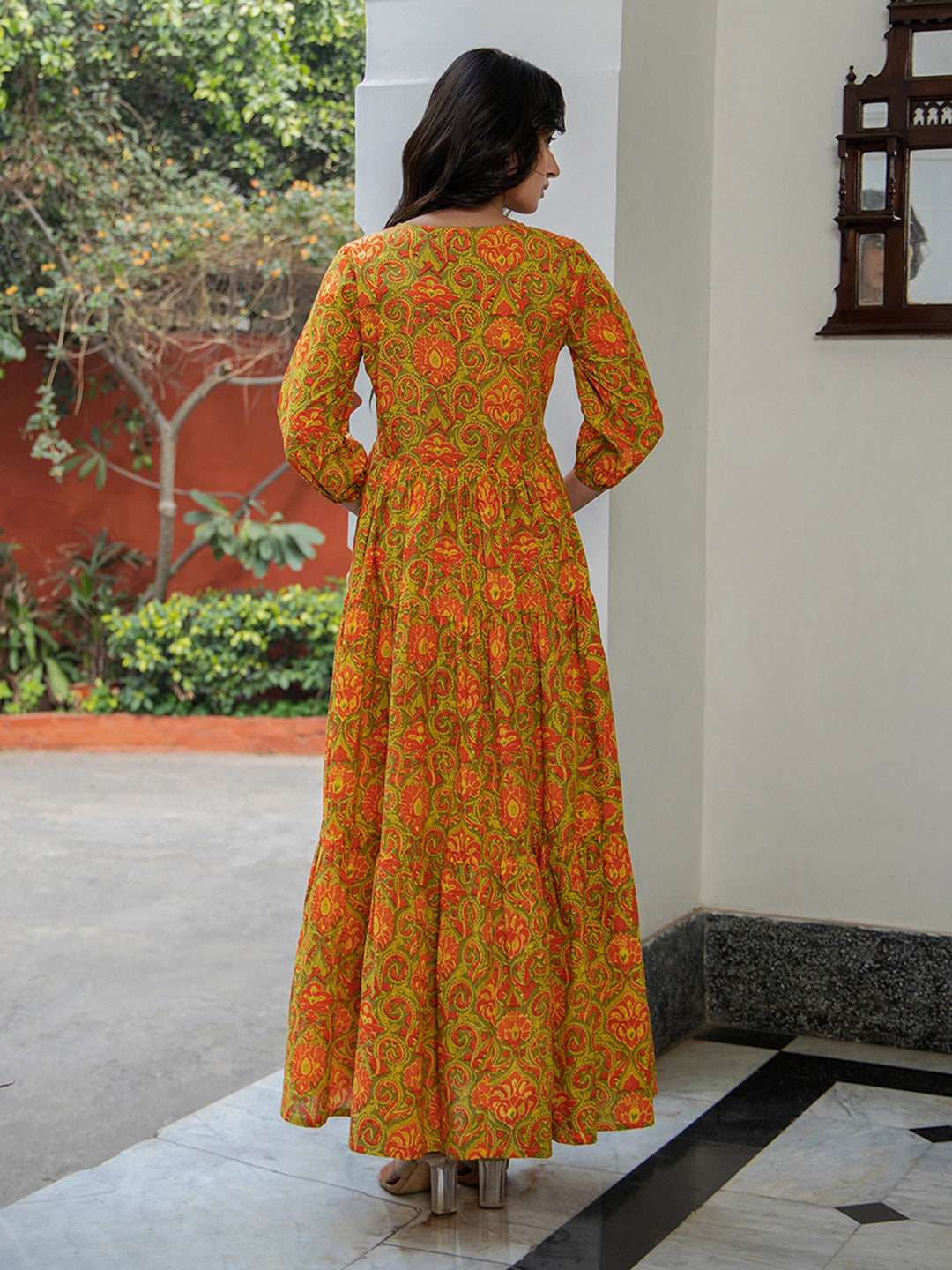 Janasya Green Cotton Printed Tiered Dress | Grocsy