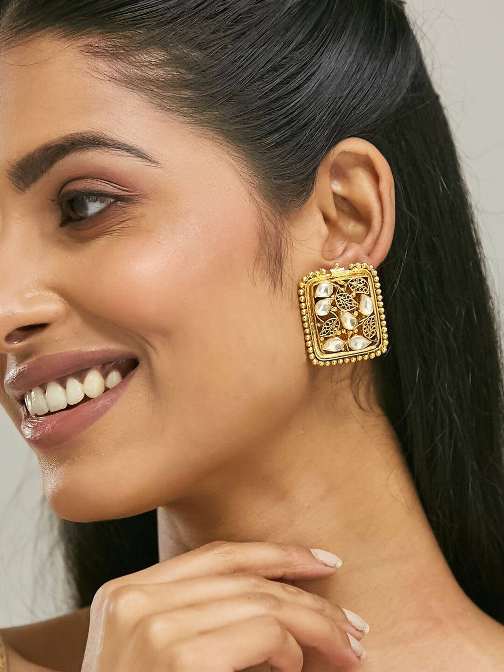 Nuyug 22K Gold-Plated Kundan & Filigree Concept Rectangular Leafy Studs | Grocsy