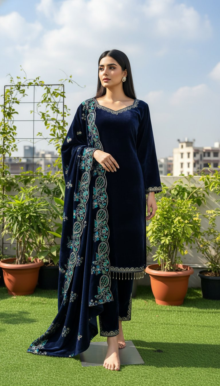 Teeya Creation Blue Color Velvet Designer Embroidery Work party Wear Suit | Grocsy
