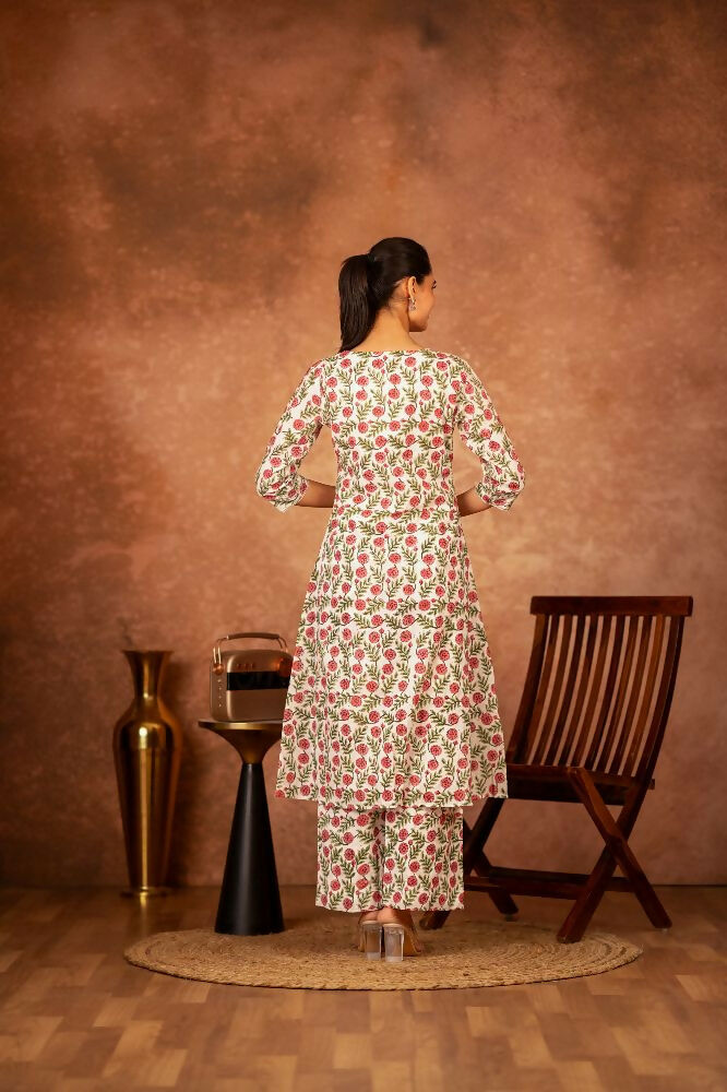 Joban Fashion Red Green Hand Block Printed Cotton Suit Set | Grocsy