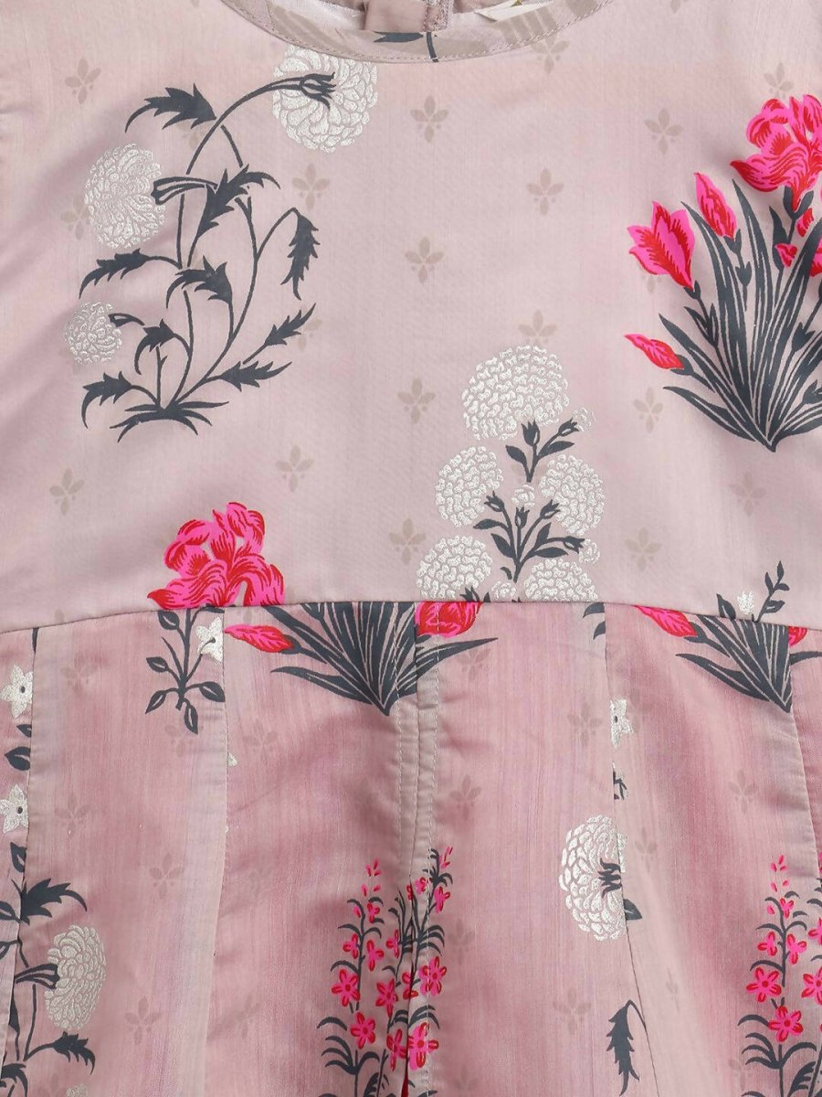 Ahalyaa Grey Chanderi Silk Pigment Print Kids Front Slit Kurta For Girls | Grocsy