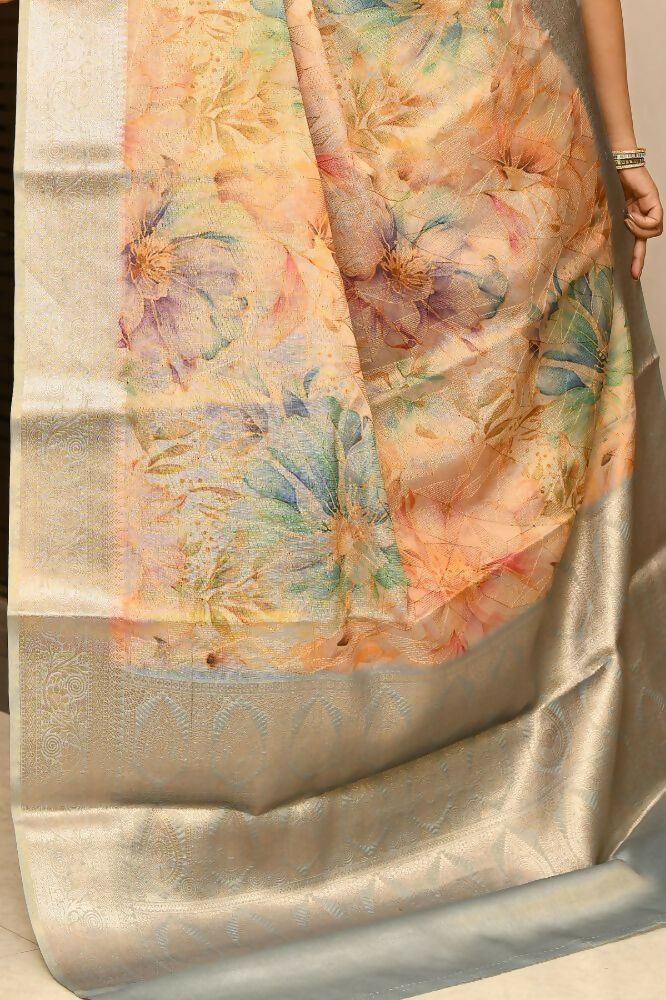 Joban Fashion Grey & Orange Saree Tissue Digital With Embroidery | Grocsy