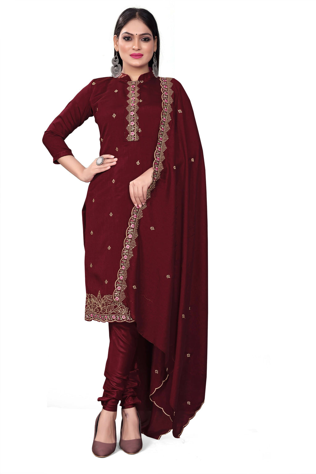 Maroon Silk Embroidered with Sequins work Unstitched Dress Material - Tanvi | Grocsy