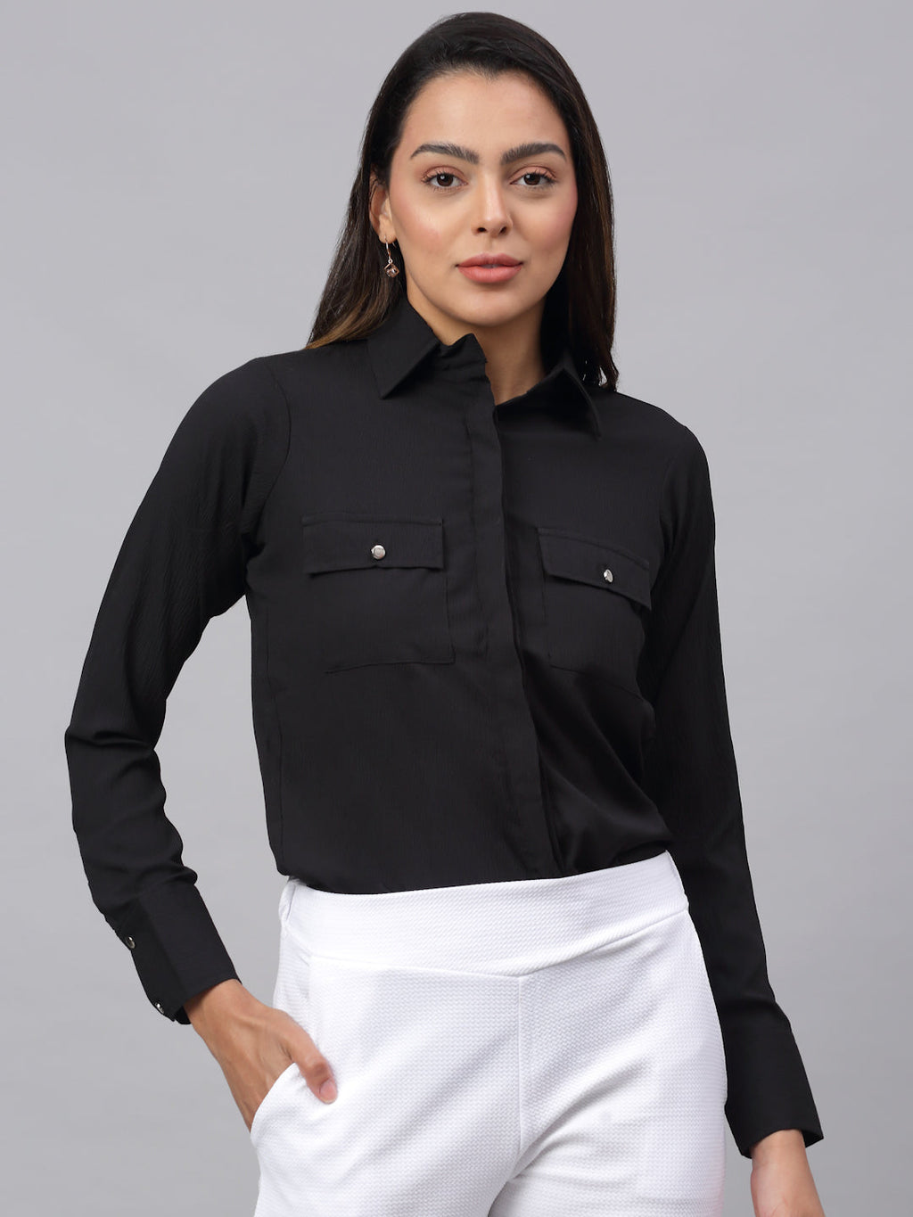Jainish Women's Black Solid Shirt - Black | Grocsy