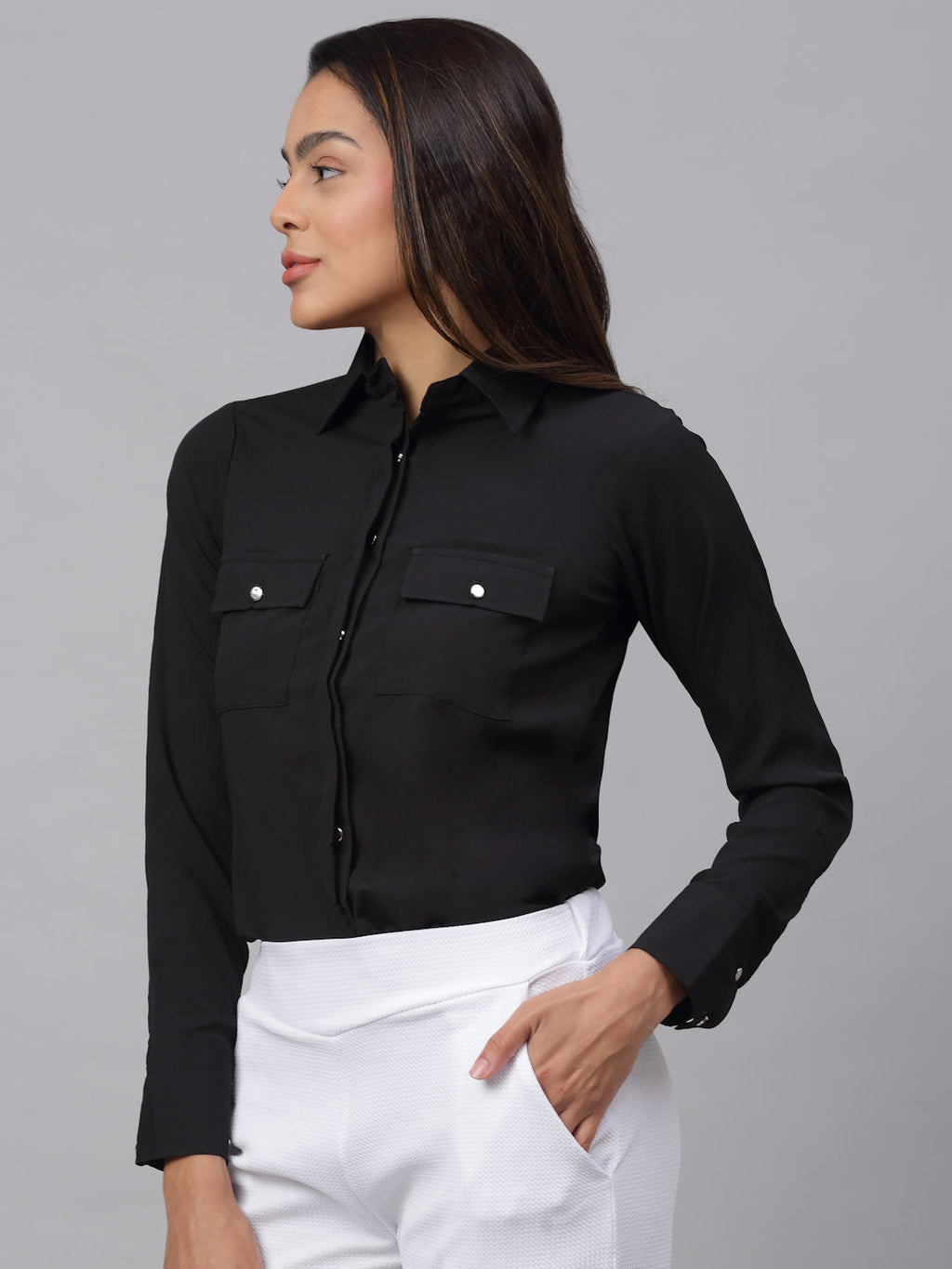 Jainish Women's Black Solid Shirt - Black | Grocsy