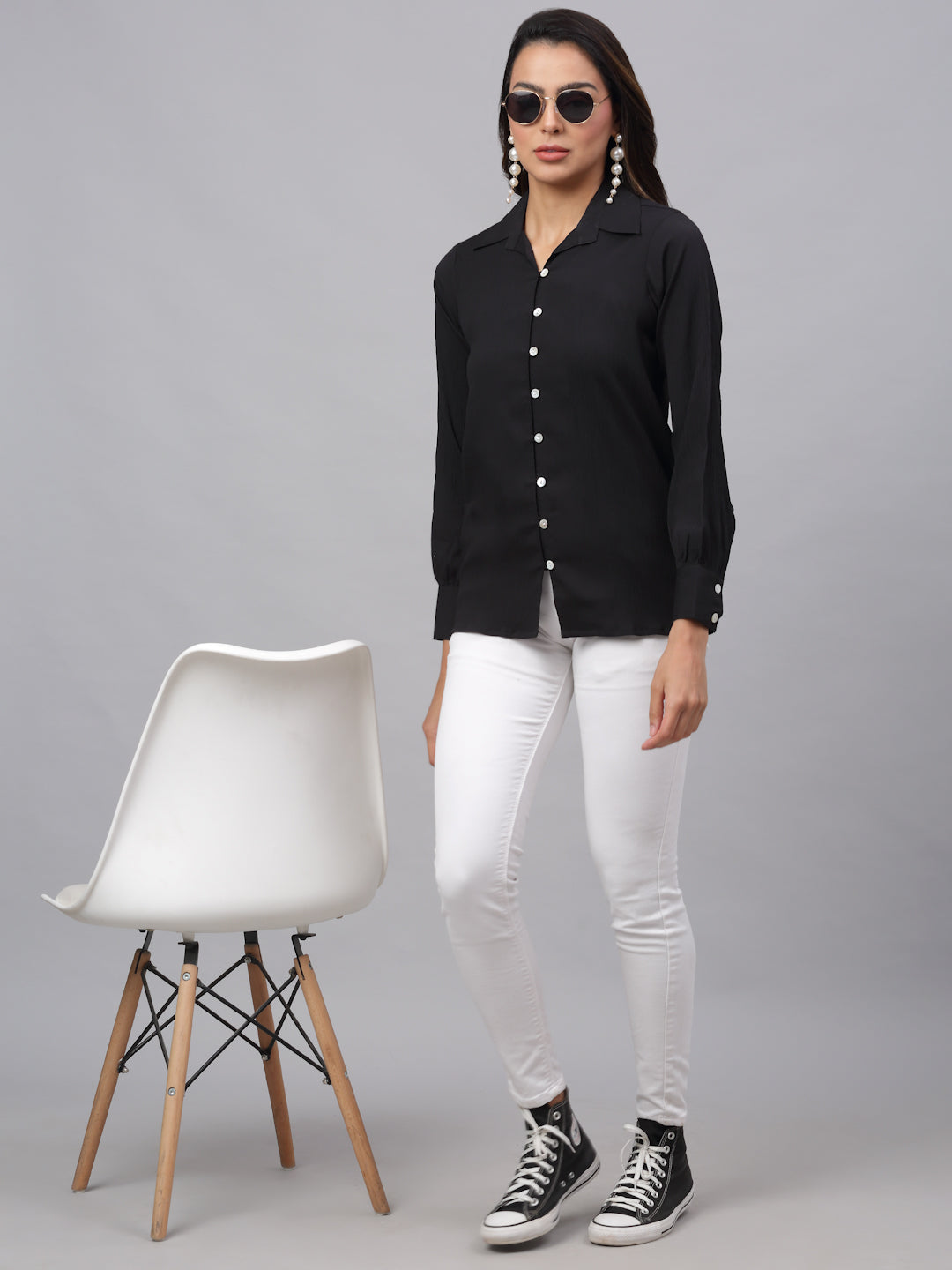 Jainish Women's Black Solid Shirt - Black | Grocsy