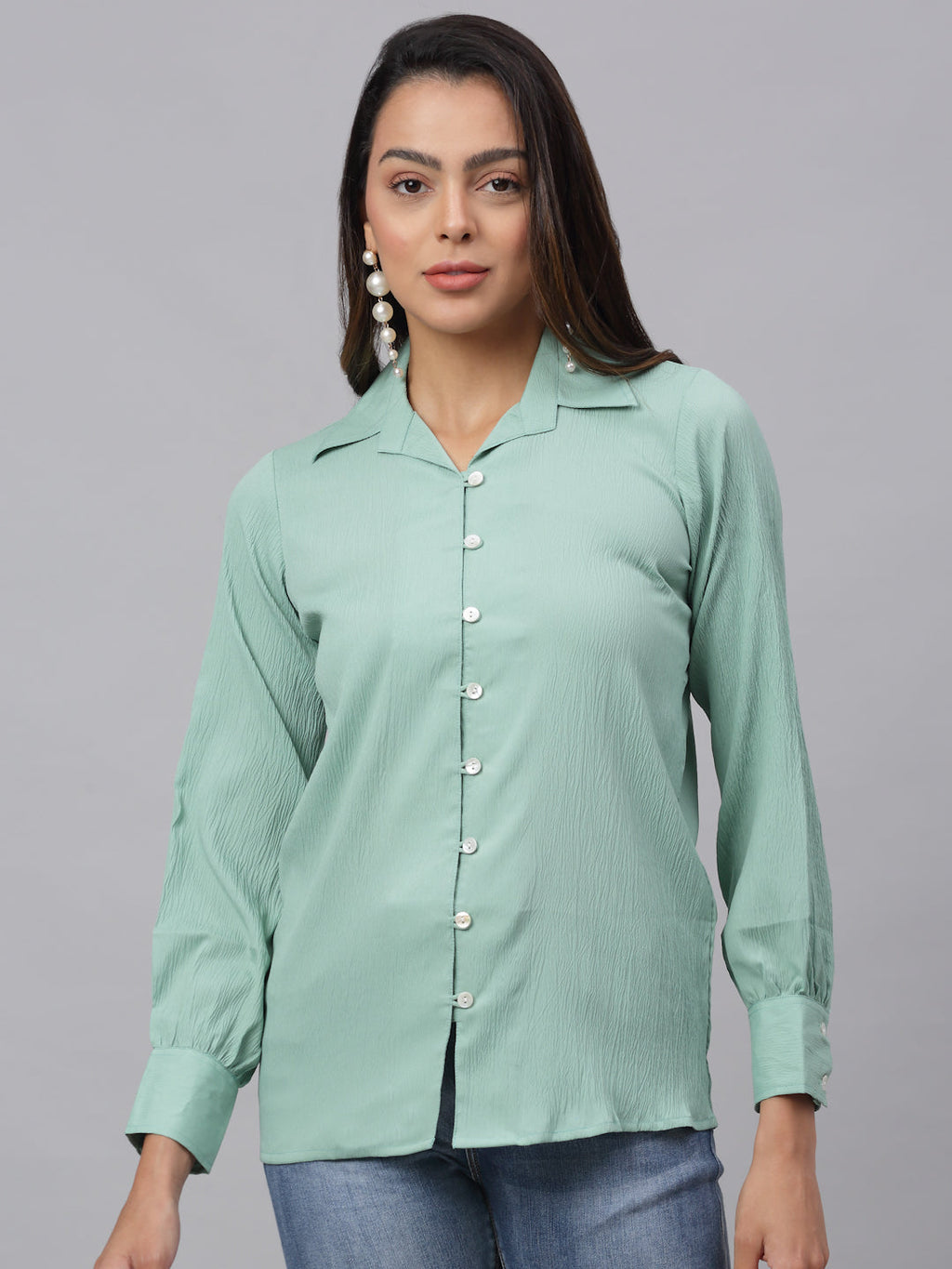Jainish Women's Green Solid Shirt - Green | Grocsy