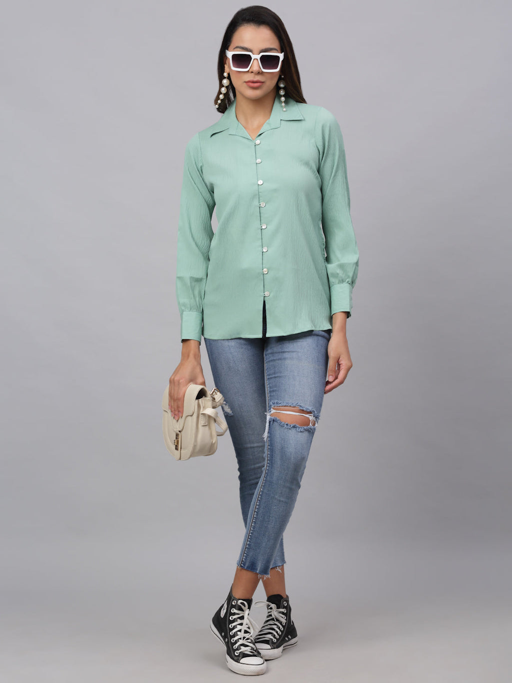 Jainish Women's Green Solid Shirt - Green | Grocsy
