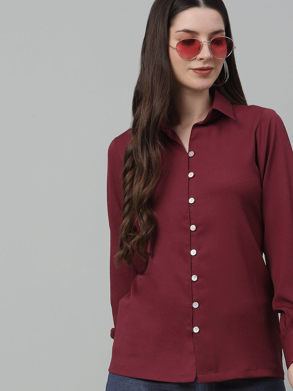 Jainish Women's Maroon Solid Casual Shirt | Grocsy