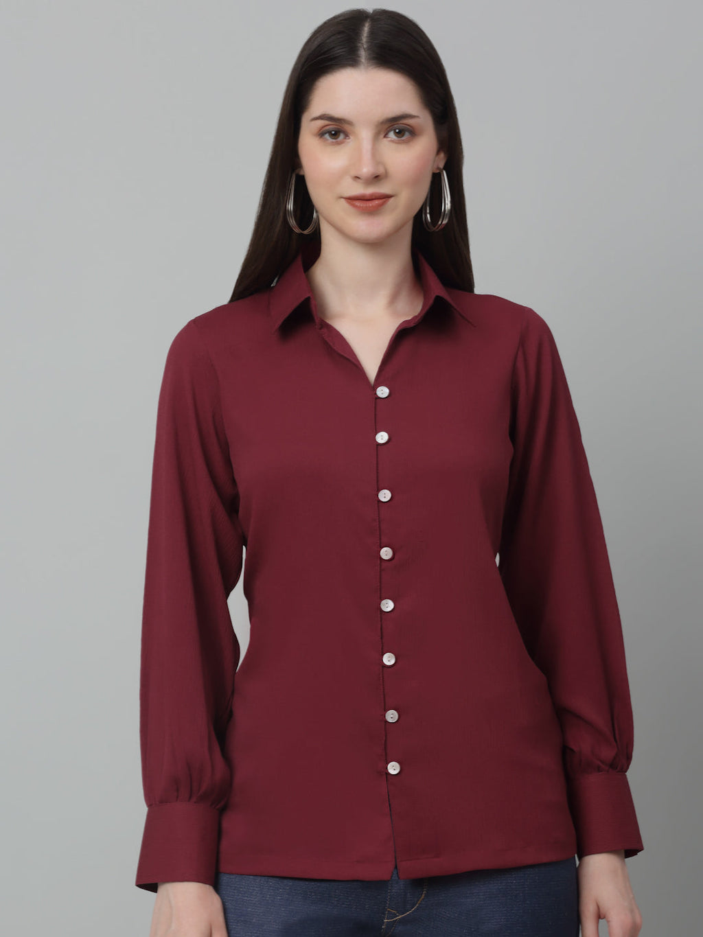 Jainish Women's Maroon Solid Casual Shirt | Grocsy