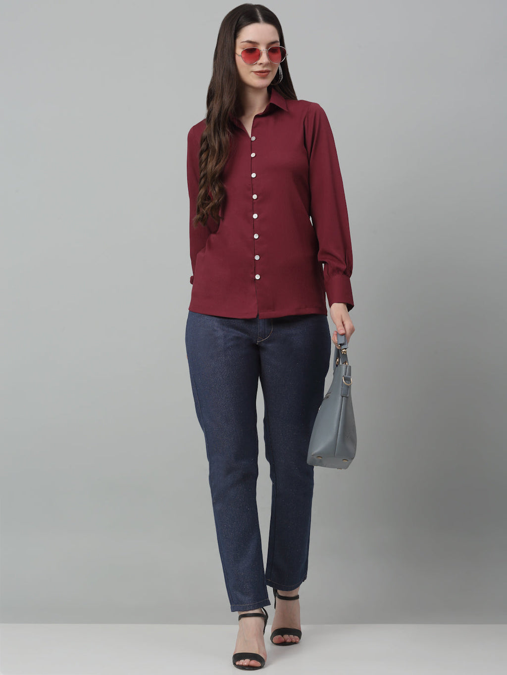 Jainish Women's Maroon Solid Casual Shirt | Grocsy
