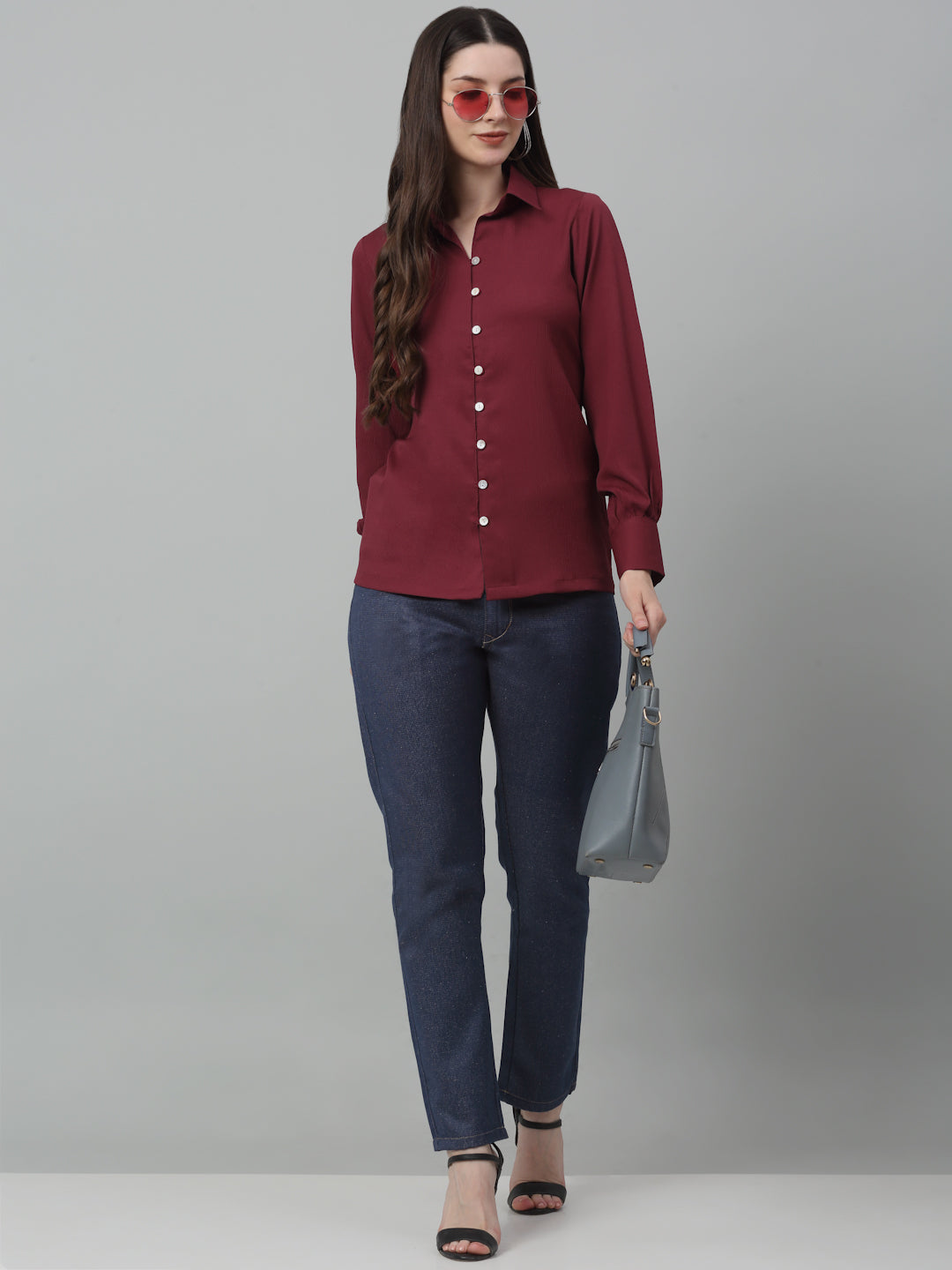 Jainish Women's Maroon Solid Casual Shirt | Grocsy