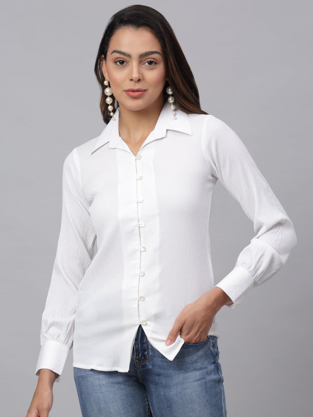 Jainish Women's White Solid Shirt - White | Grocsy