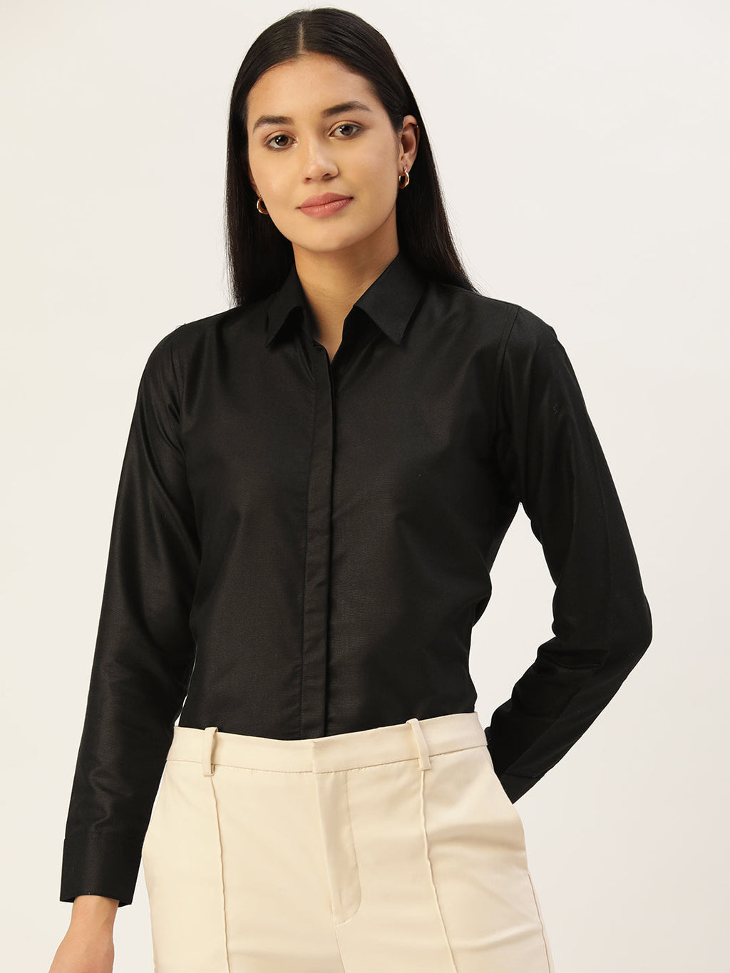 Jainish Women's Black Solid Shirt Style Top | Grocsy