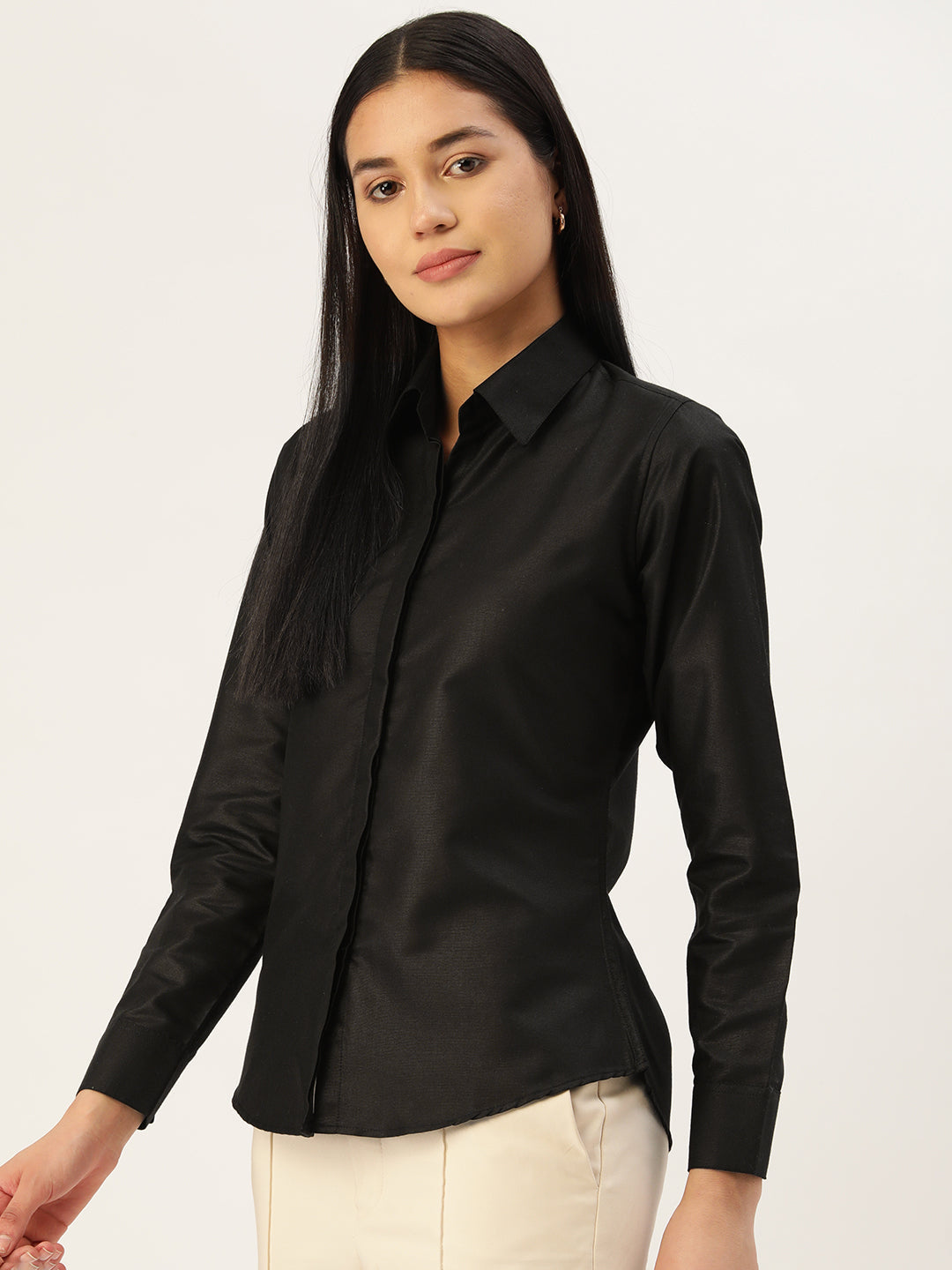 Jainish Women's Black Solid Shirt Style Top | Grocsy