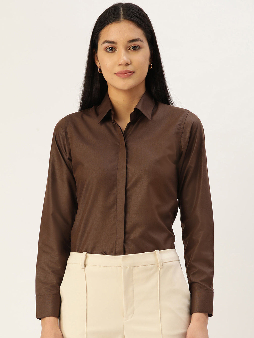 Jainish Women's Coffee Solid Shirt Style Top | Grocsy