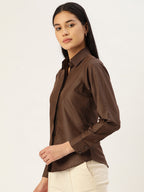 Jainish Women's Coffee Solid Shirt Style Top | Grocsy