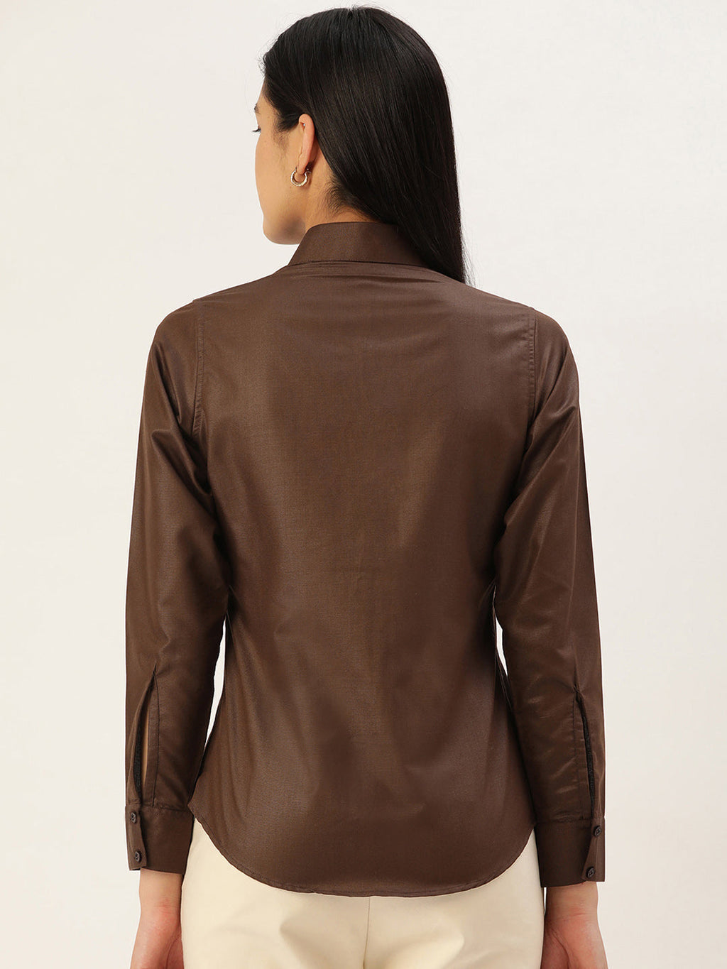 Jainish Women's Coffee Solid Shirt Style Top | Grocsy
