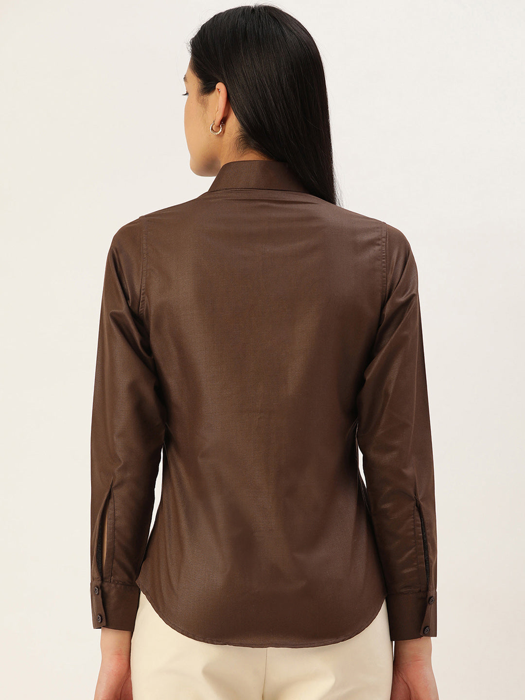Jainish Women's Coffee Solid Shirt Style Top | Grocsy