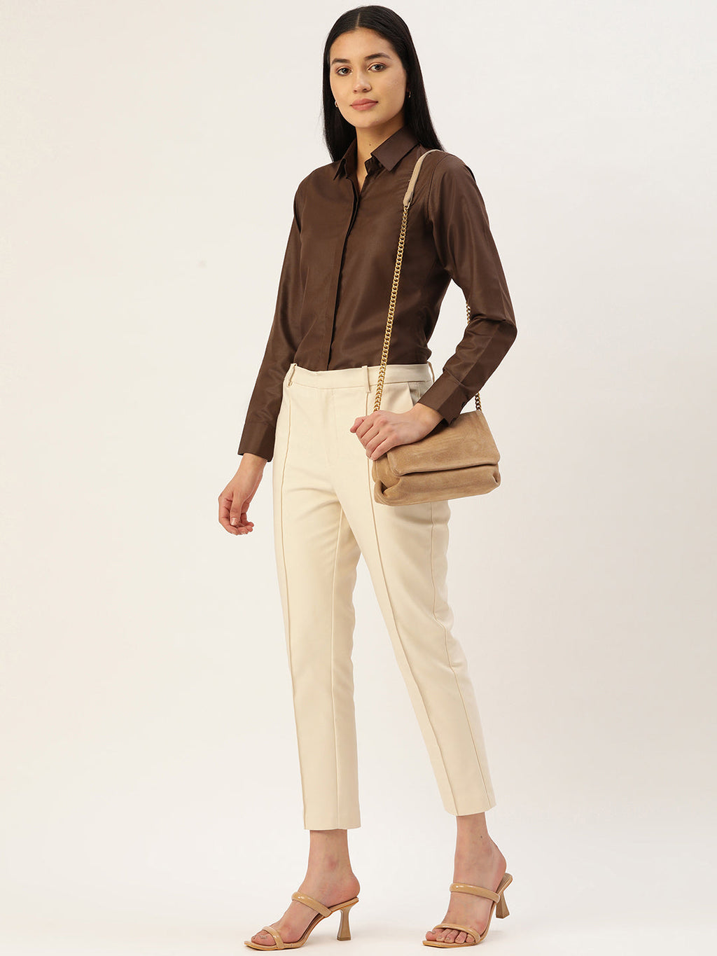Jainish Women's Coffee Solid Shirt Style Top | Grocsy