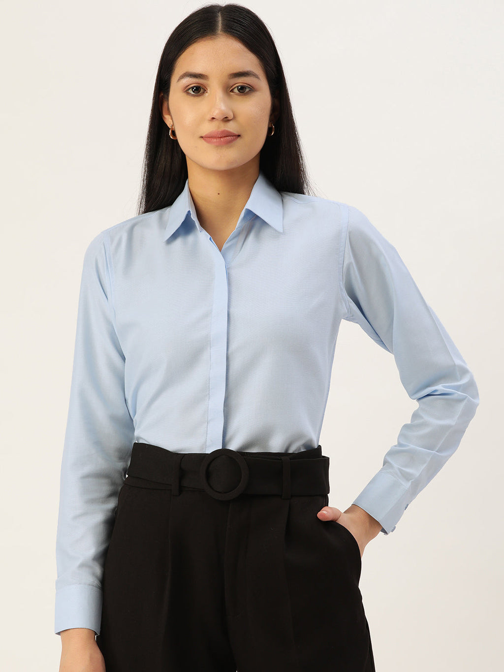 Jainish Women's Blue Solid Shirt Style Top | Grocsy