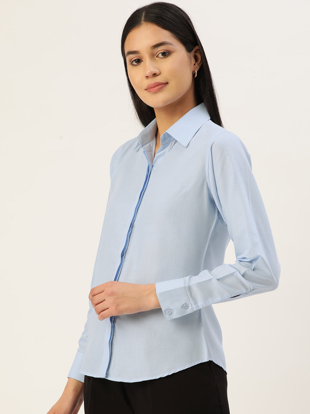 Jainish Women's Blue Solid Shirt Style Top | Grocsy