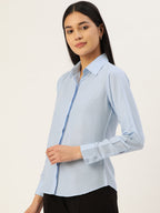 Jainish Women's Blue Solid Shirt Style Top | Grocsy