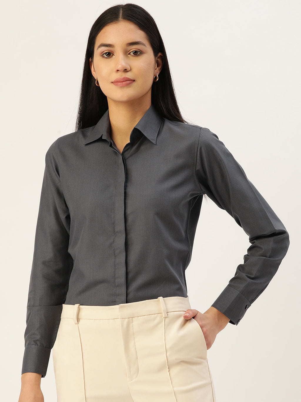 Jainish Women's Grey Solid Shirt Style Top | Grocsy