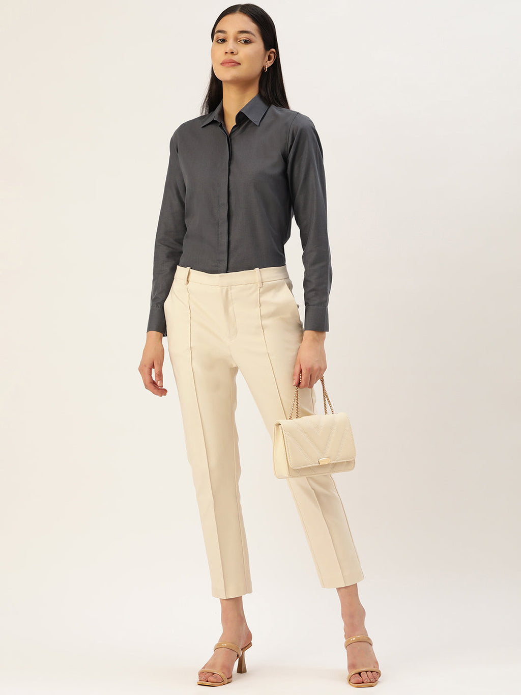 Jainish Women's Grey Solid Shirt Style Top | Grocsy