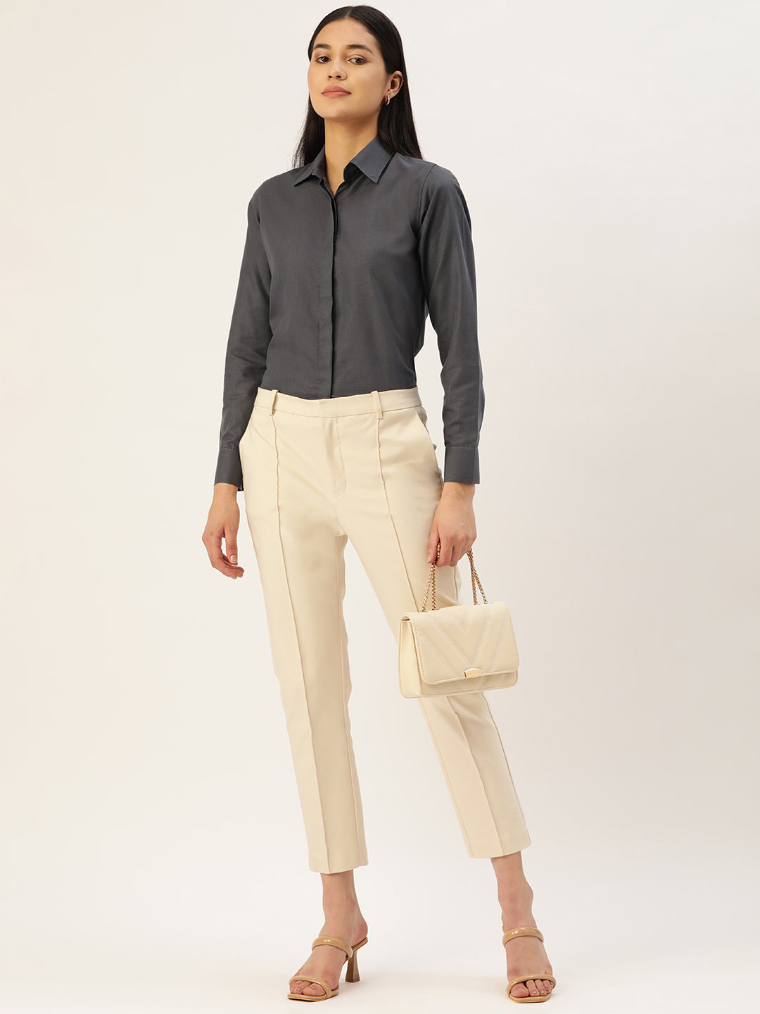 Jainish Women's Grey Solid Shirt Style Top | Grocsy