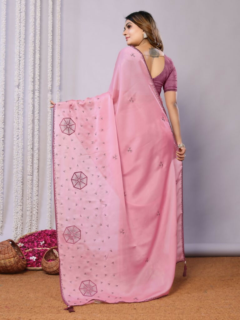 Pink Zari Organza Stone Work All Over Saree - Norita Saumya | Grocsy
