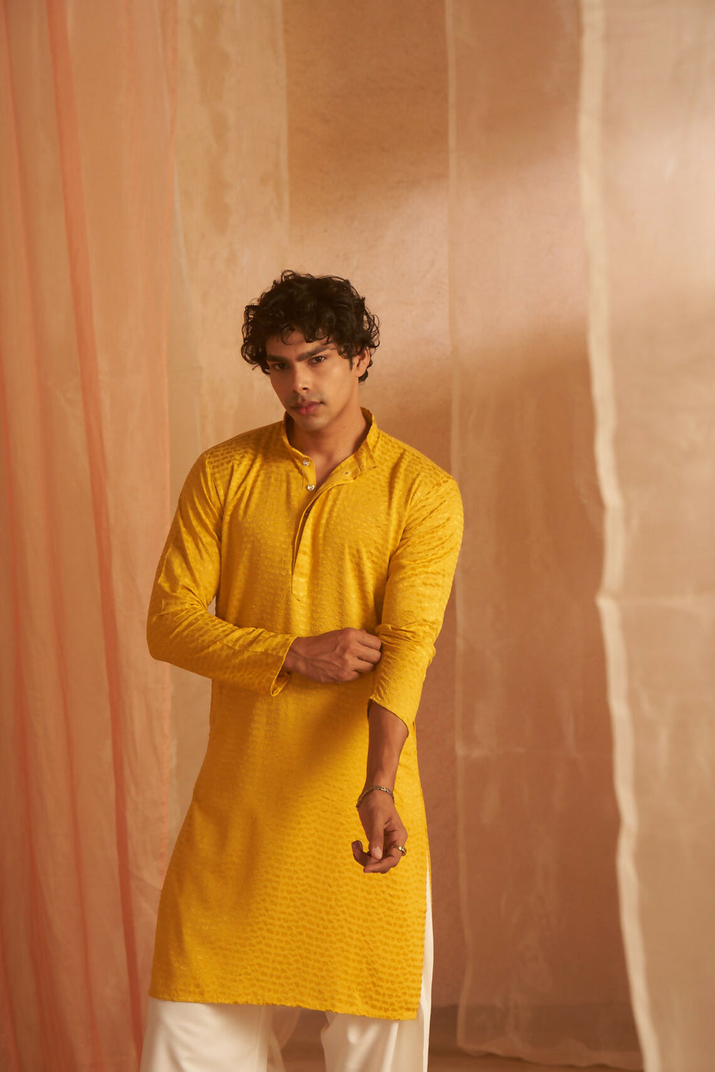 Mustard Viscose Chikankari Embroidery Work Men's Kurta Set - Mahotsav | Grocsy