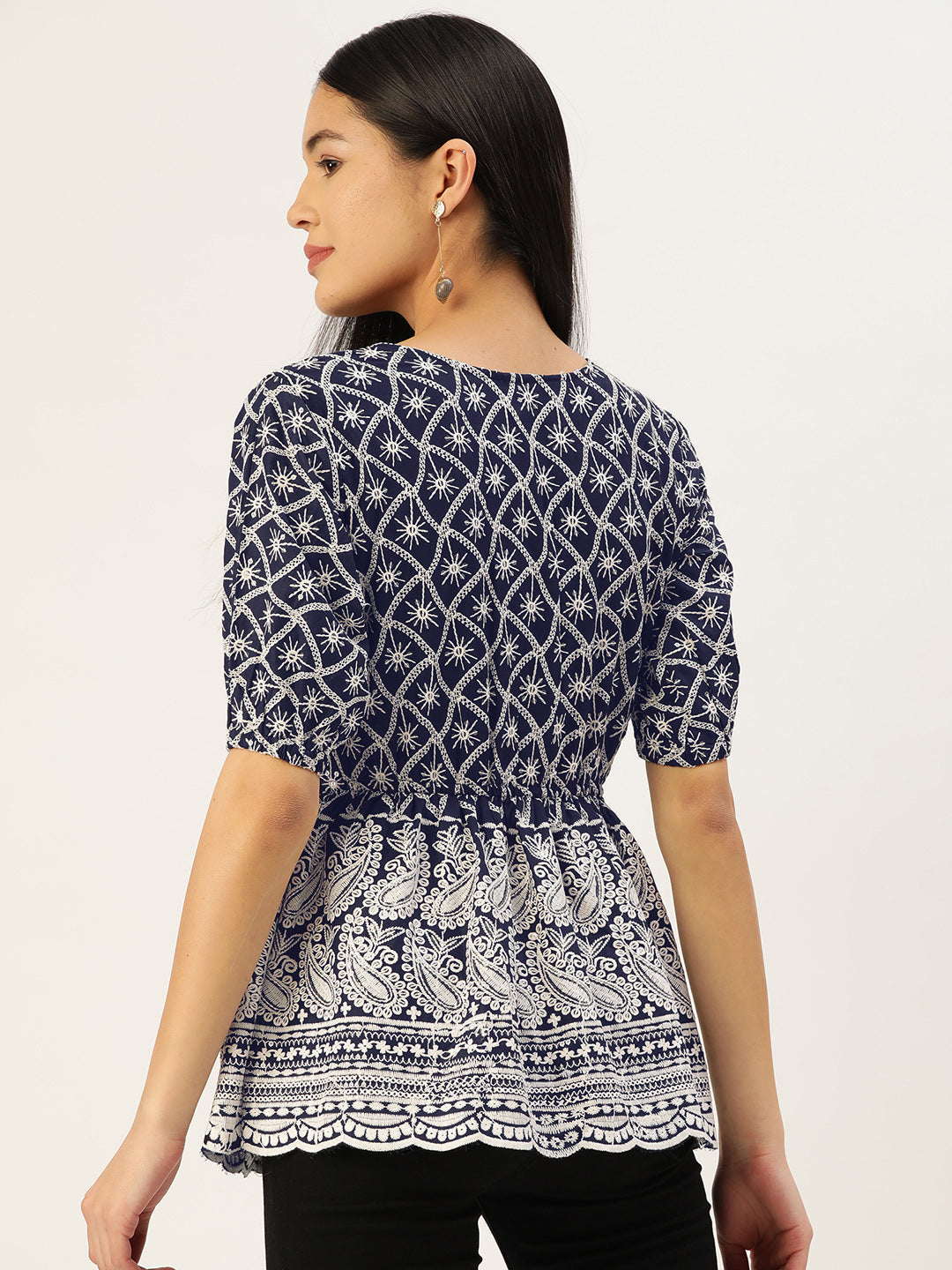 Jainish Women's Chikankari Sequen Work Empire Top - Navy Blue | Grocsy