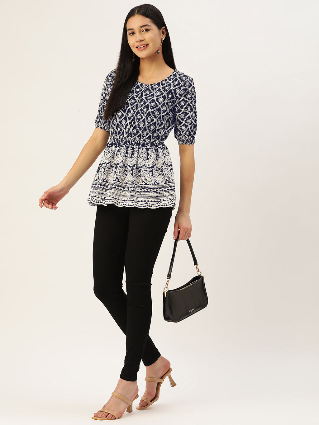 Jainish Women's Chikankari Sequen Work Empire Top - Navy Blue | Grocsy