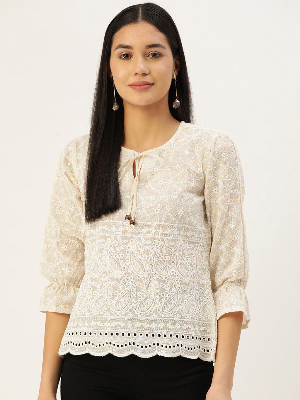 Jainish Women's Chikankari Sequen Work Empire Top - Cream | Grocsy