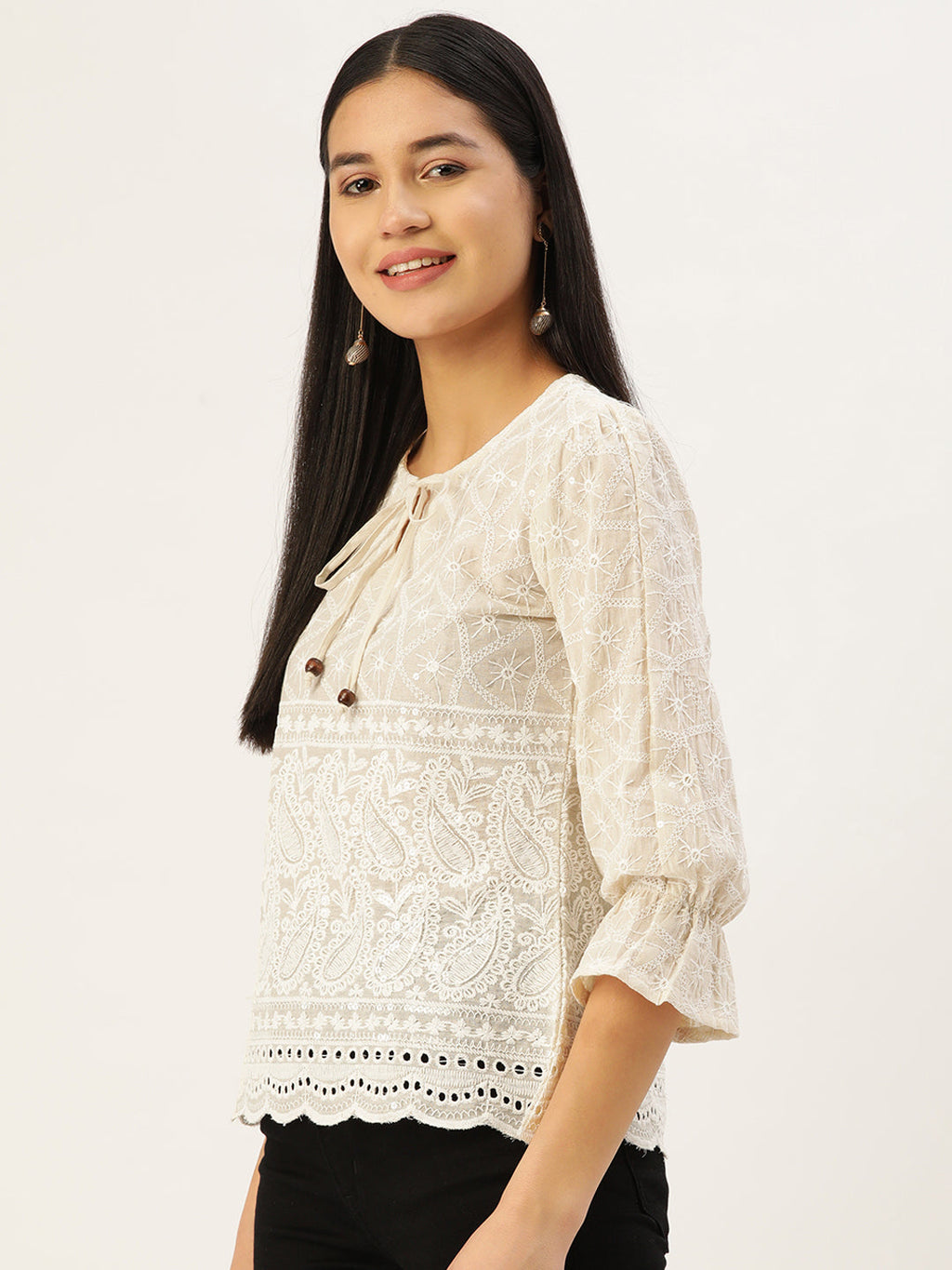 Jainish Women's Chikankari Sequen Work Empire Top - Cream | Grocsy