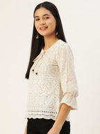 Jainish Women's Chikankari Sequen Work Empire Top - Cream | Grocsy