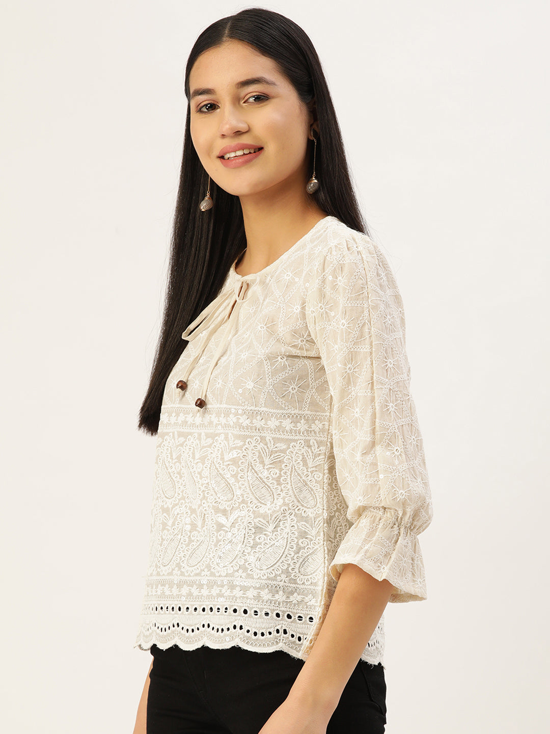 Jainish Women's Chikankari Sequen Work Empire Top - Cream | Grocsy