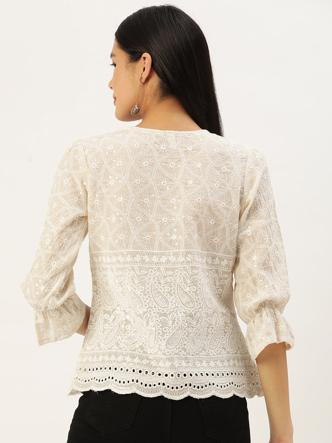 Jainish Women's Chikankari Sequen Work Empire Top - Cream | Grocsy