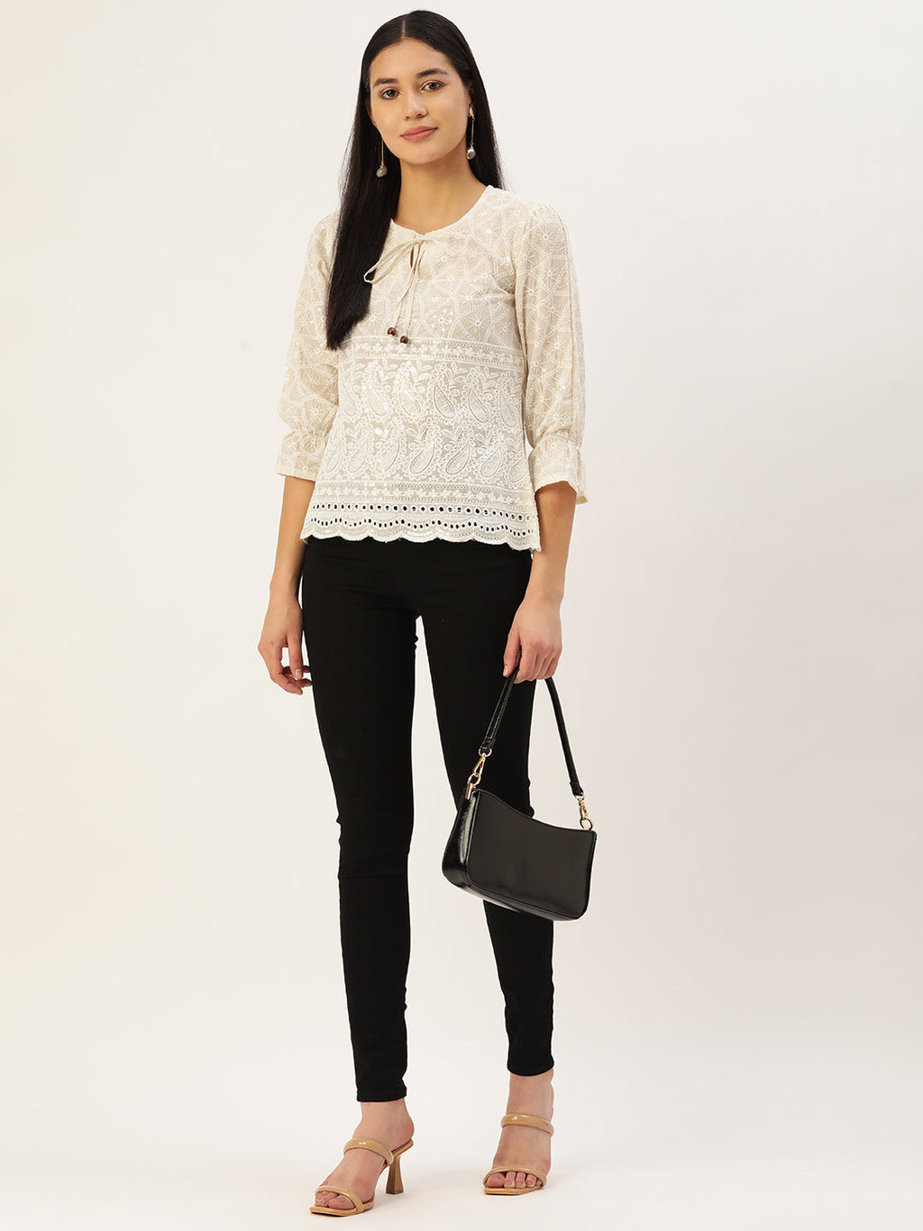Jainish Women's Chikankari Sequen Work Empire Top - Cream | Grocsy