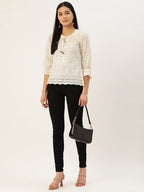 Jainish Women's Chikankari Sequen Work Empire Top - Cream | Grocsy