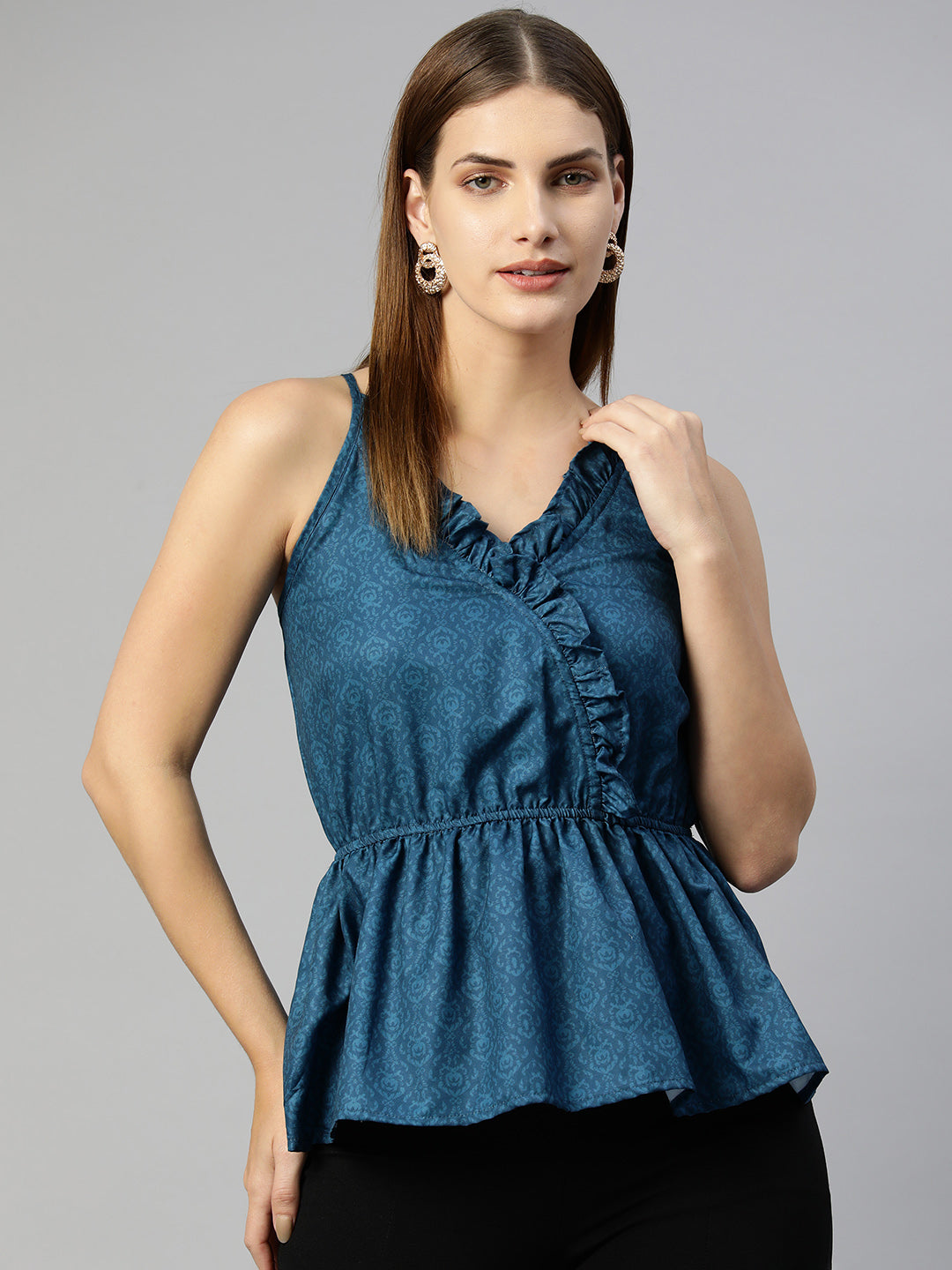 Jainish Women's Printed crop top with frills - Blue | Grocsy