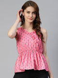 Jainish Women's Printed crop top with frills - Peach | Grocsy