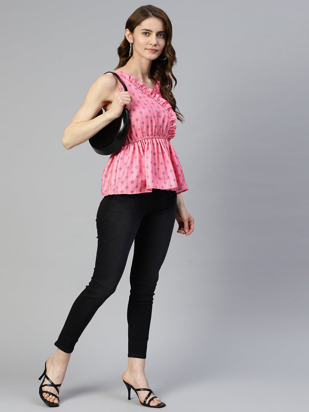 Jainish Women's Printed crop top with frills - Peach | Grocsy