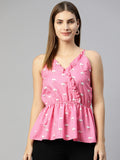 Jainish Women's Printed crop top with frills - Pink | Grocsy