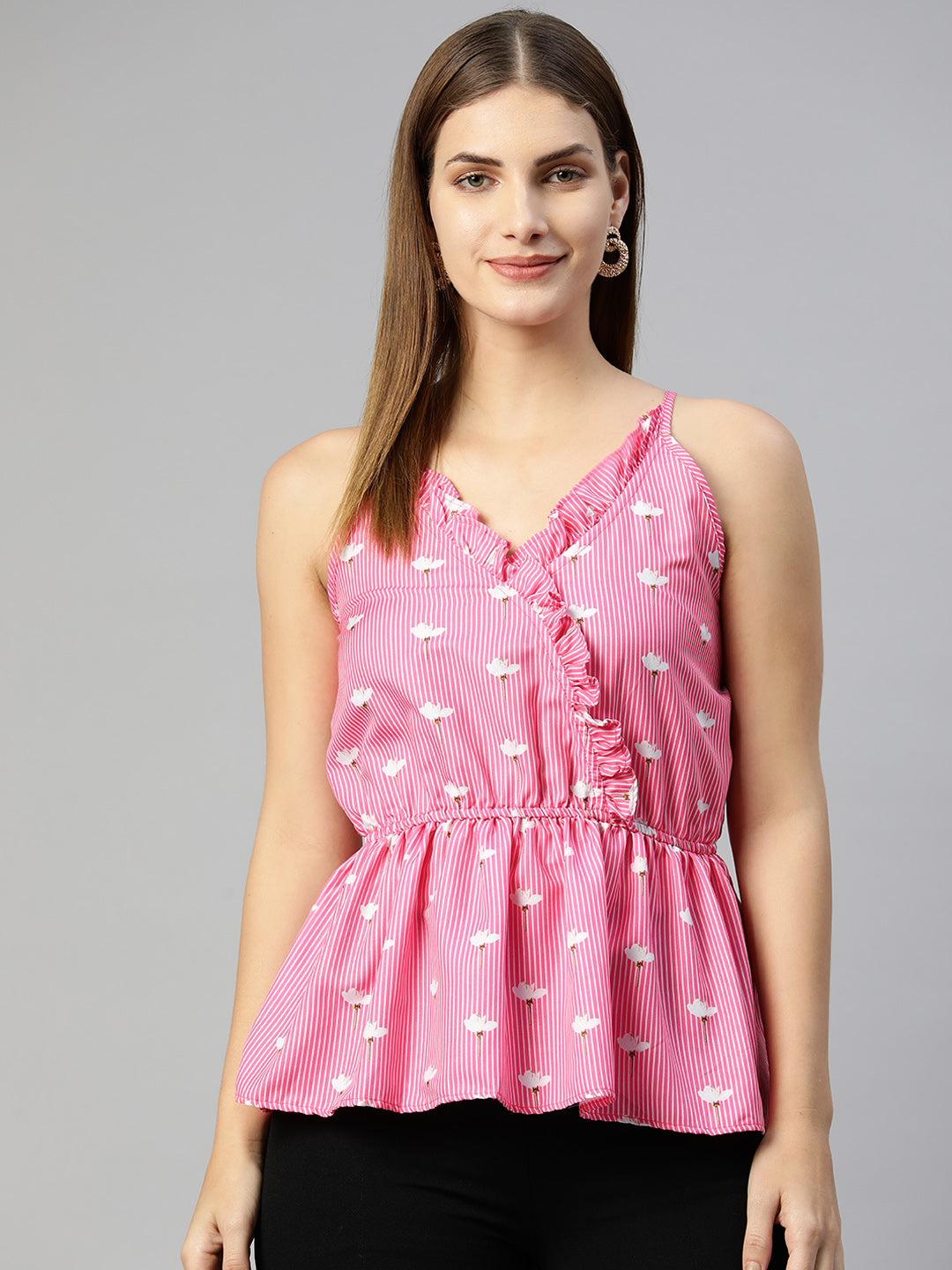 Jainish Women's Printed crop top with frills - Pink | Grocsy