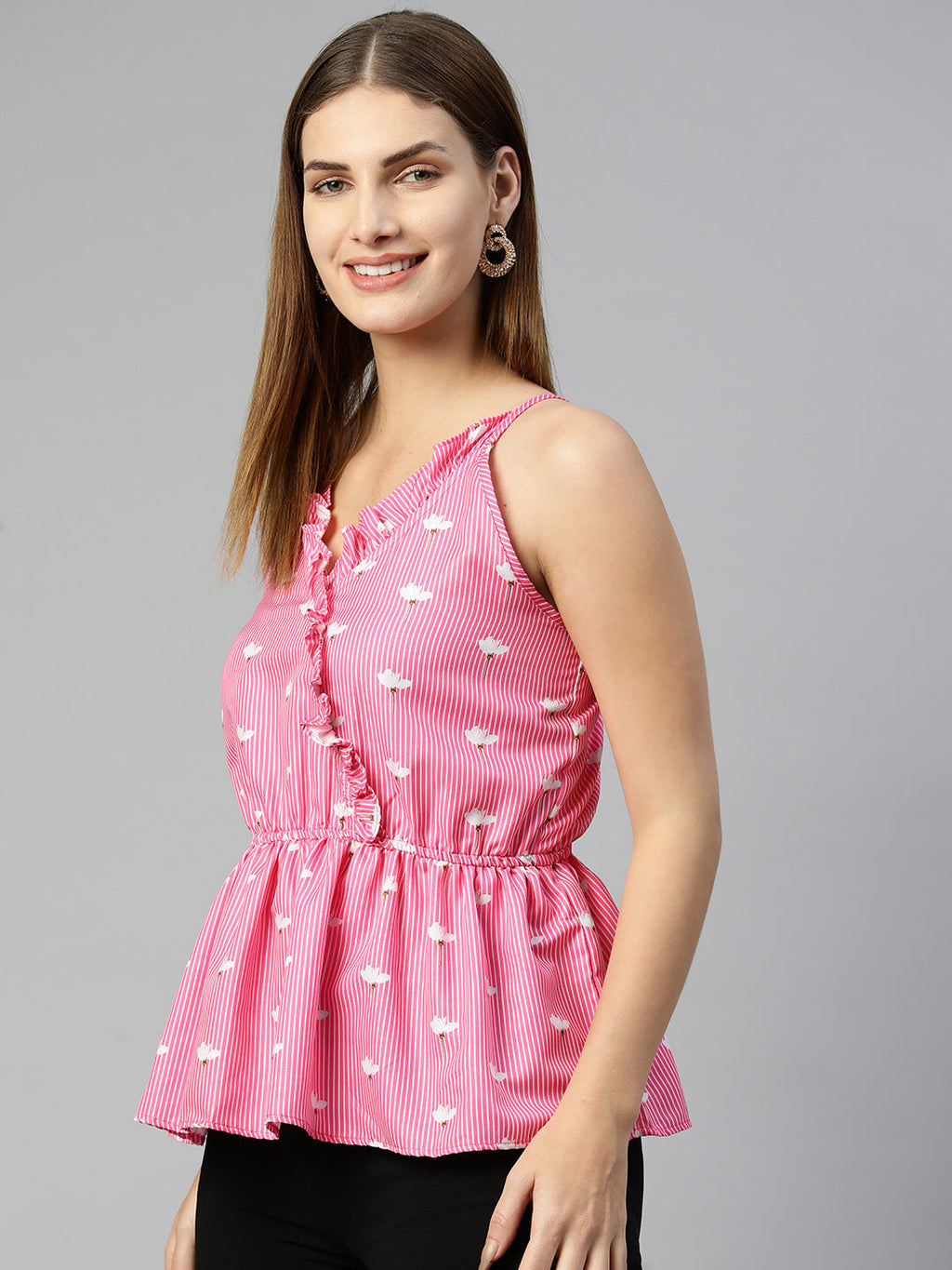 Jainish Women's Printed crop top with frills - Pink | Grocsy