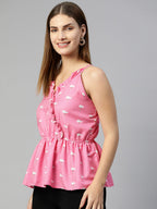 Jainish Women's Printed crop top with frills - Pink | Grocsy